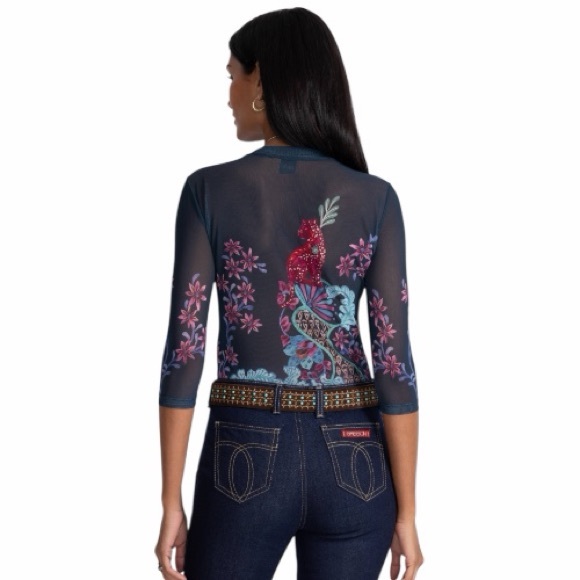 Jade Johnny Was Natalie 3/4 Sleeve Mesh Top with Peacock Floral Blouse Navy Sz L - Picture 9 of 9